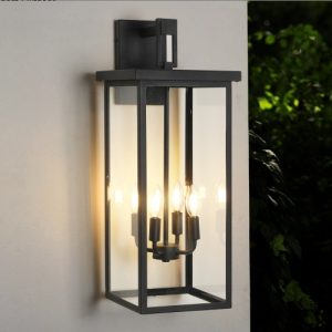 26H 1ps Modern Outdoor Wall Lanterns With Black Metal Frame And Clear Glass, 4 E12 Bulb Socket, Weatherproof Wall Sconces For Porch, Garden, Patio No Bulbs